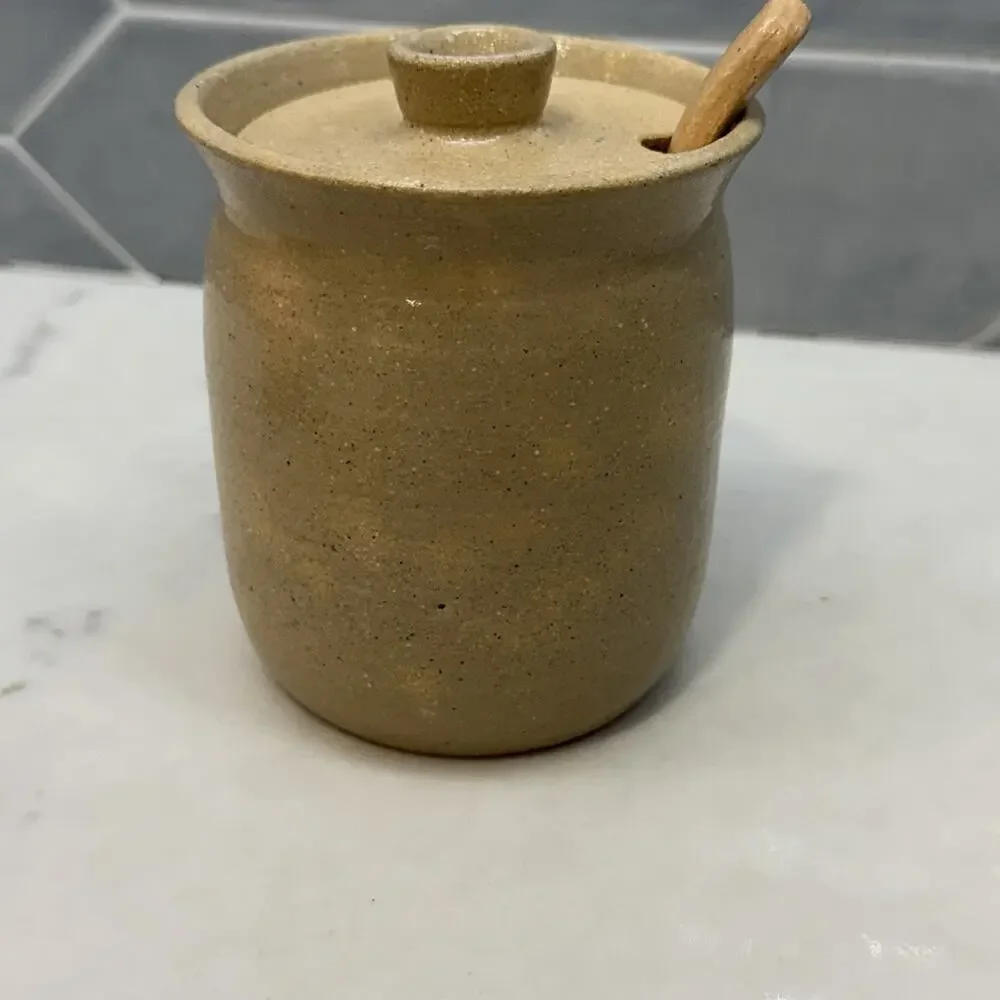 Sylvia Lawson NC Pottery Blue Sgrafitto Condiment Jar Lid Spoon Pilot Mountain